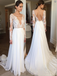 A-Line Sexy Deep V-Neck Backless Chiffon Lace Sleeves Beach Wedding Dress with train, WD0404