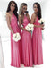 A-Line Floor-length V-neck Backless Pink Bridesmaid Dresses, BD0544