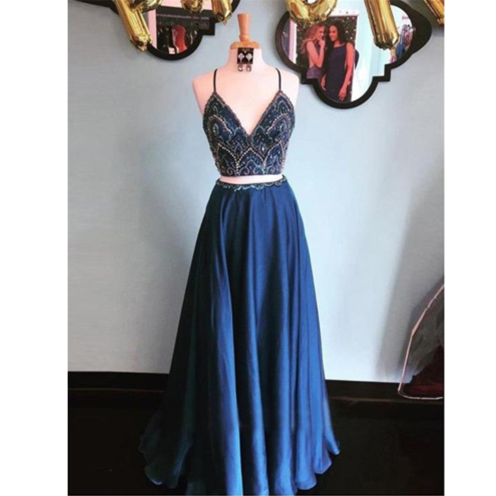 Floor-length Two-pieces Prom Dresses, Spaghetti Straps Beading Long Prom Dress , PD0521