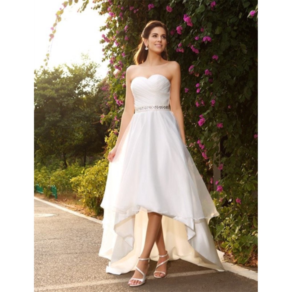 Sweetheart Beading Sleeveless Short front Long Behind Organza Cheap Wedding Dress, WD0374