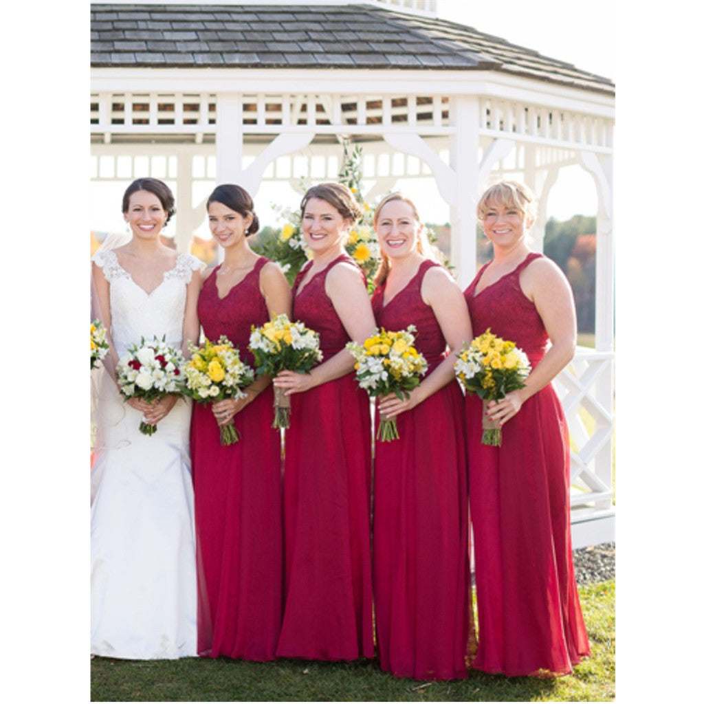 Elegant V-neck Long Red Open back Chiffon Bridesmaid Dress, BD0546