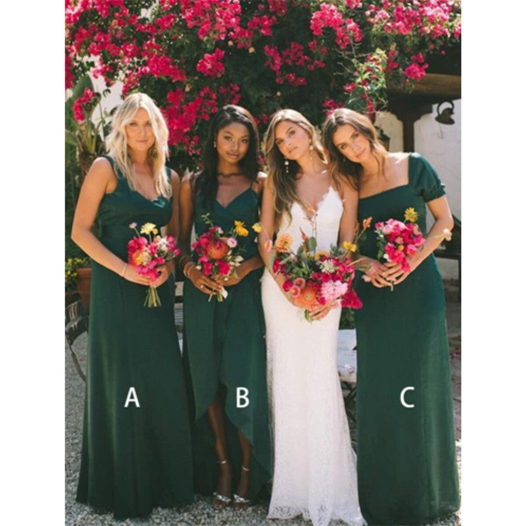 A-Line Floor Length V-neck Dark Green Bridesmaid Dresses, BD0545