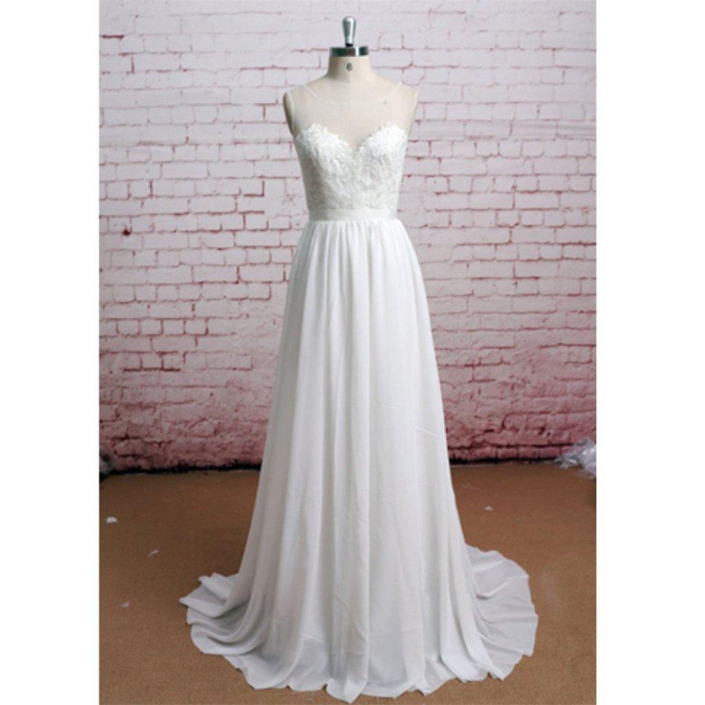 New Arrival Round Neck chiffon Lace Top Backless Wedding Dresses with train, WD0362