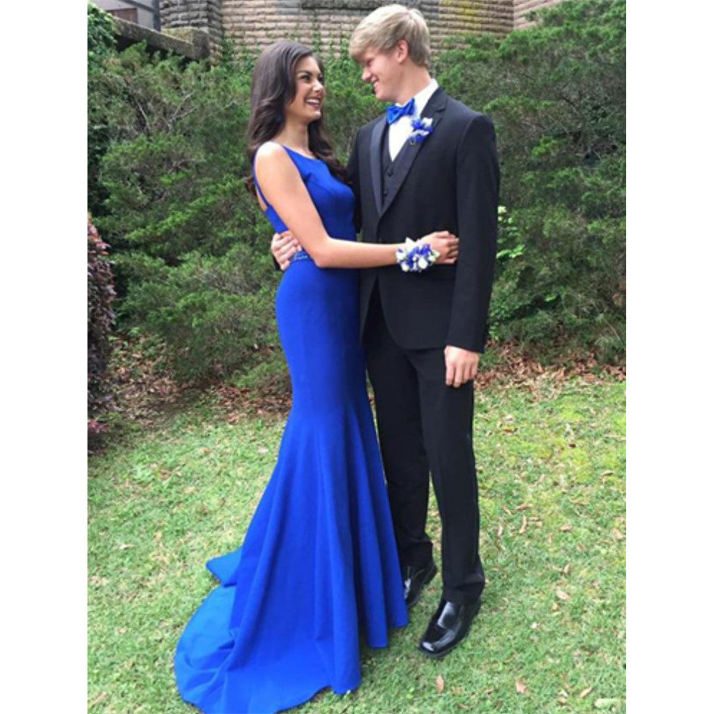 Mermaid Sleeveless Beading Royal Blue Backless Prom Dresses With Train, PD0154