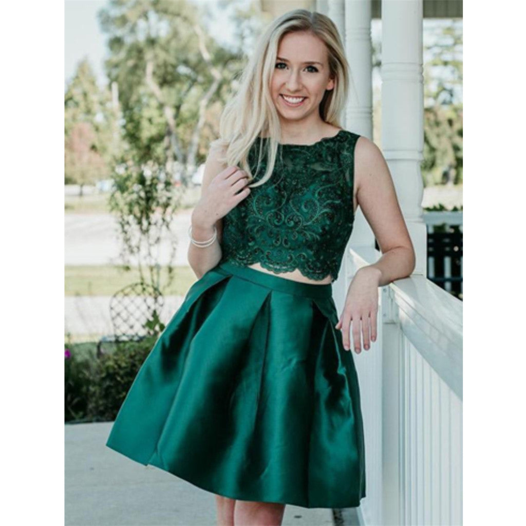Two Pieces Beading Sleeveless Green Lace Appliques Short Homecoming Dress, HD0415