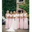 Newest Pink Chiffon One-shoulder Simple Sleeveless Long Bridesmaid Dress with pleats, BD0502