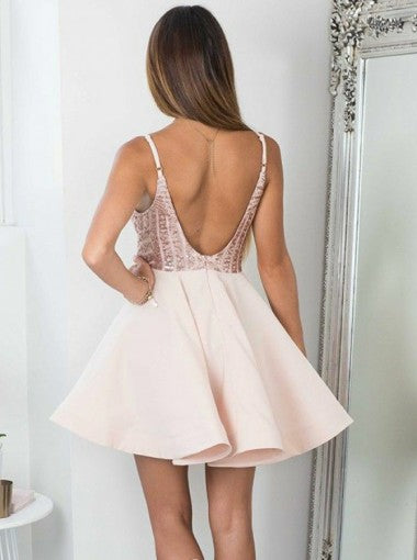 A-Line Spaghetti Straps Deep V-neck Sequins Backless Short Homecoming Dress, HD0407