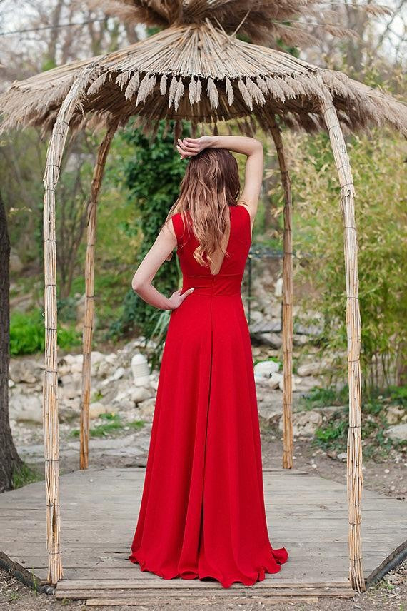 A-line V-neck Sleeveless Long Red Prom Dresses With Split, PD0603