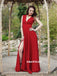 A-line V-neck Sleeveless Long Red Prom Dresses With Split, PD0603