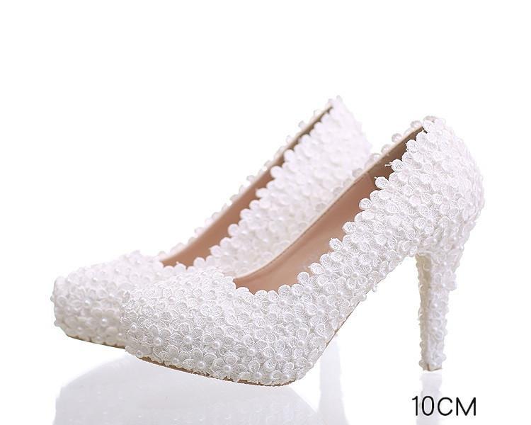 Lace Pointed Toe White High Heels Wedding Bridal Shoes, S016