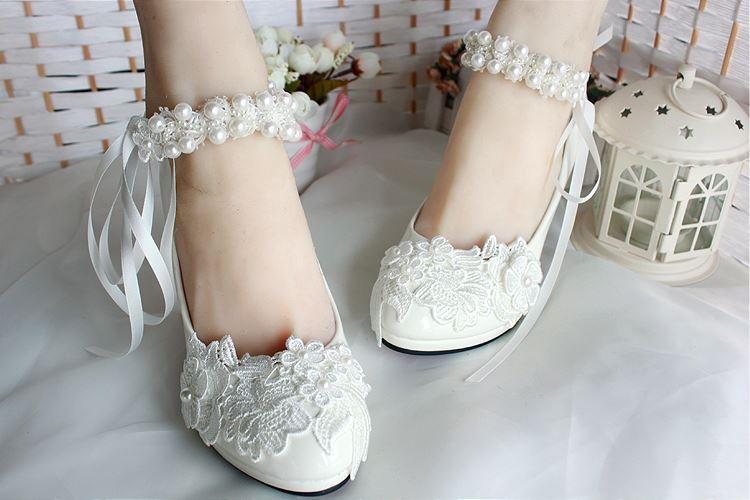 Lace Pearls Women Wedding Shoes With Ribbons Lace Up Ladies Party/Dress Shoes Pointed Toes