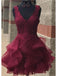 Unique Sexy V-neck Sleeveless Lace Appliques Short Red Organza Homecoming dresses, HD0380