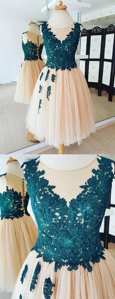 Elegant A-line Round Neck Sleeveless Lace Top Tulle Skirt Homecoming dresses, HD0387