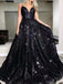 Glamorous Spaghetti Straps Sequins Long Black Prom Dresses, OL183