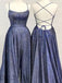 Unique A-line Sparkle Backless Navy Blue Prom Dresses, OL226