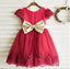 Red round neck Puff Sleeve Cute lace flower girl dress with big Golden bow back, Flower girl dress, FG0100