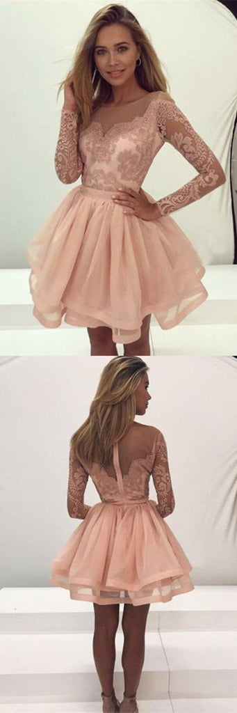Long Sleeves Lace Zipper Back Tulle Short Cheap Homecoming Dresses, HD0362