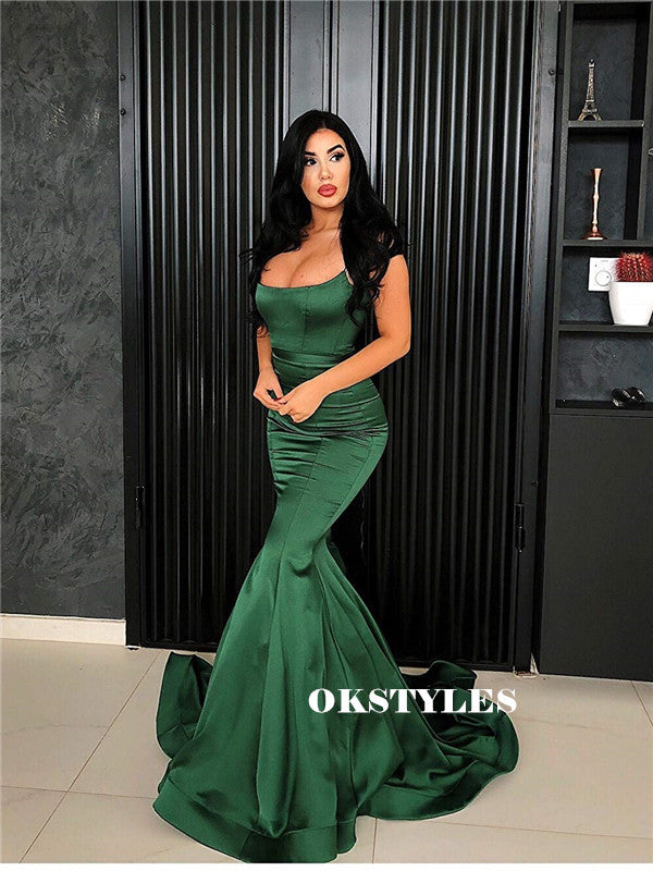 Mermaid Spaghetti Straps Lace-up Back Long Green Prom Dresses, PD0589