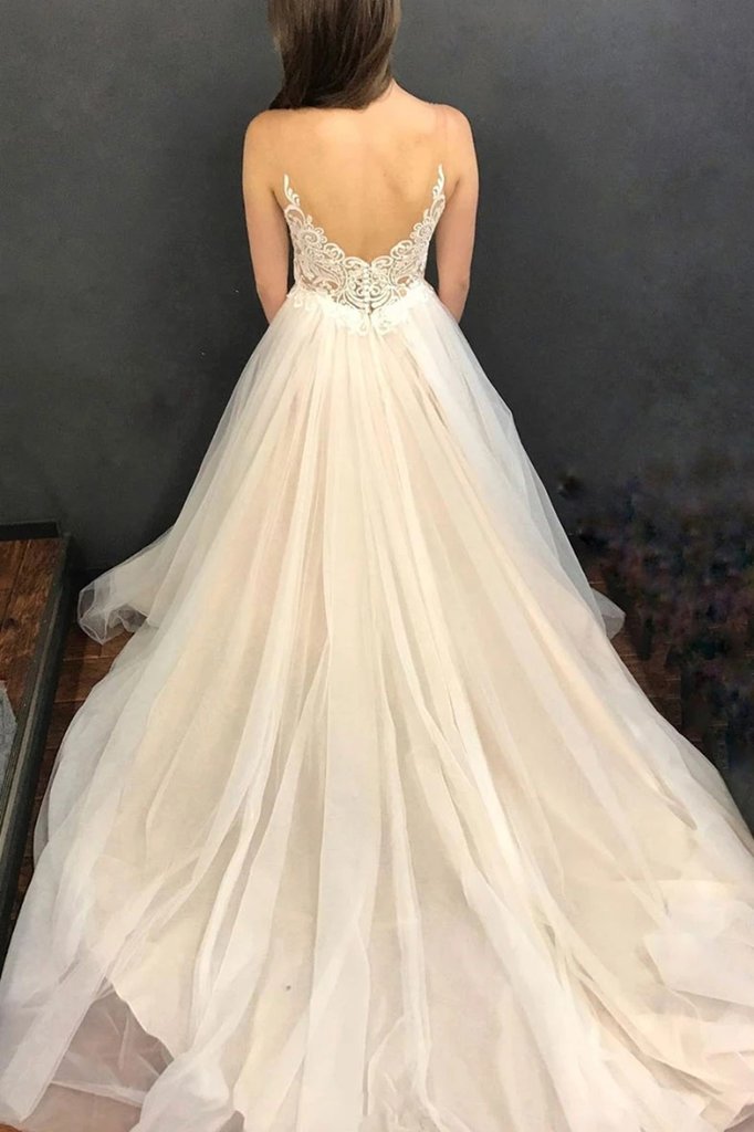 A-line V-neck Appliques Top Backless Long Tulle Wedding Dresses With Strain, PD0553