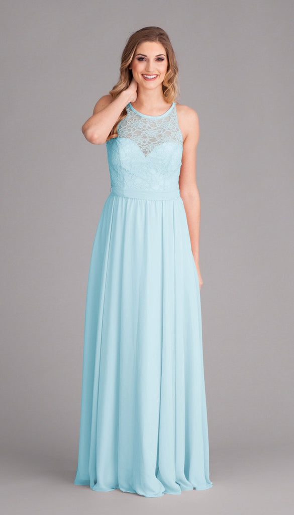 A-Line V-Neck Floor-Length Mint Chiffon Sleeveless Long Bridesmaid Dresses With Lace, BD0505