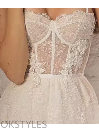 A-line Spaghetti straps Lace top Sweep Train Wedding Dresses, OT024