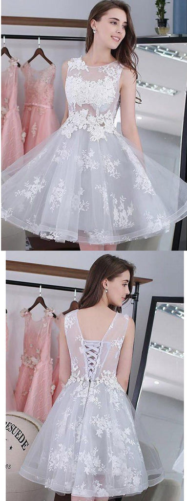 Hot Sale Lace Appliques Sleeveless Lace Up Back Tulle Homecoming Dresses, HD0428