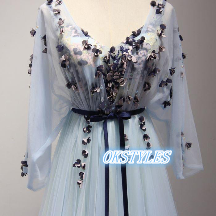 A-line V-neck Long Sleeves V-back With Applique Long Prom Dresses, OL029