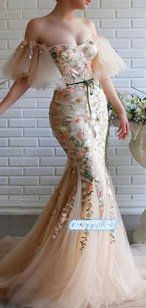 Beautiful Mermaid Strapless Off-shoulder With Applique Prom Dresses, OL033