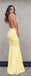 Elegant Spaghetti Straps V-neck Light Yellow Mermaid Long Prom Dresses, OL202