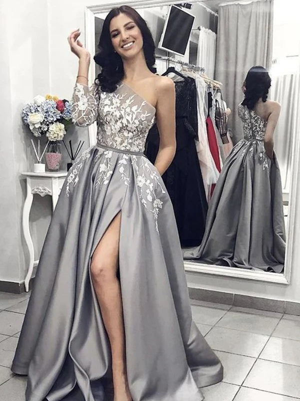 Satin A-line Sleeveless One Shoulder Sweep Train with Applique Prom Dresses, OL251