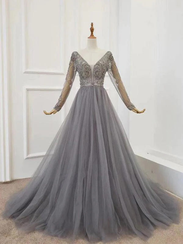 Elegant Long Sleeves V-neck Gray Tulle Prom Dresses, OL277