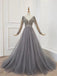 Elegant Long Sleeves V-neck Gray Tulle Prom Dresses, OL277