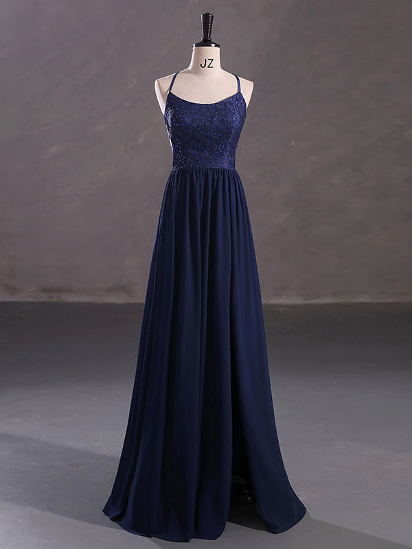 Dark Blue Spaghetti Straps Sequins Prom Dresses, OL290