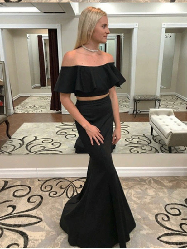 Two Piece Mermaid Black Simple Prom Dresses With Ruffles , PD0542