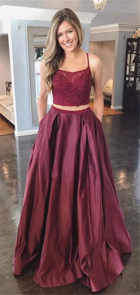 Two-pieces Halter Floor-length Beading Top Long Prom Dresses With Pocket, PD0555