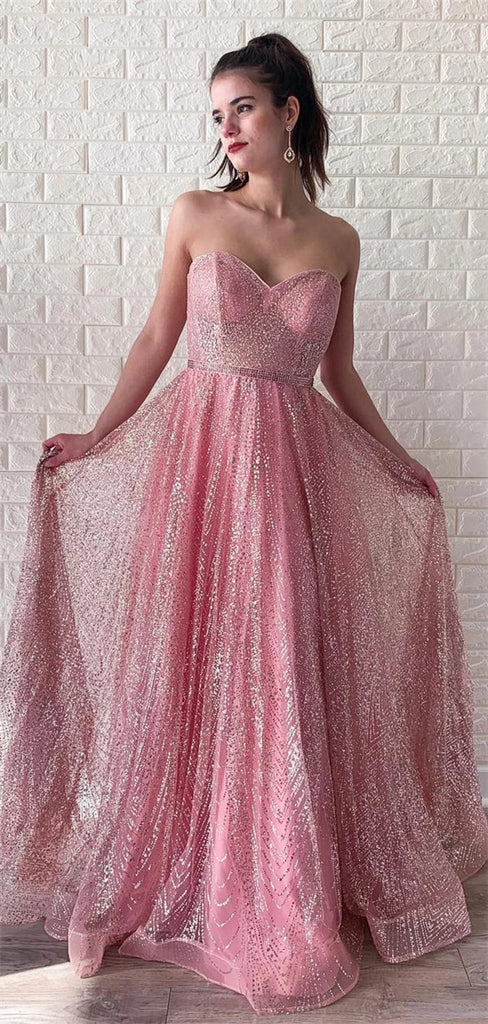 Unique Newest A-line Sweetheart Sparkly Long Prom Dresses, PD0562