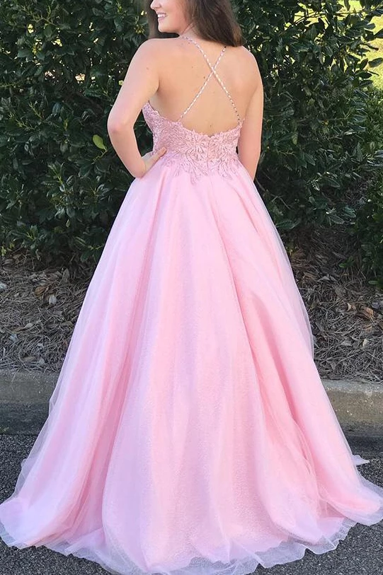 A-line Spaghetti Straps V-neck Appliques Top Pink Long Tulle Prom Dresses, PD0564