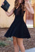 Charming black Lace up Spaghetti Strap lace short prom dresses, cheap homecoming dresses, HD0348