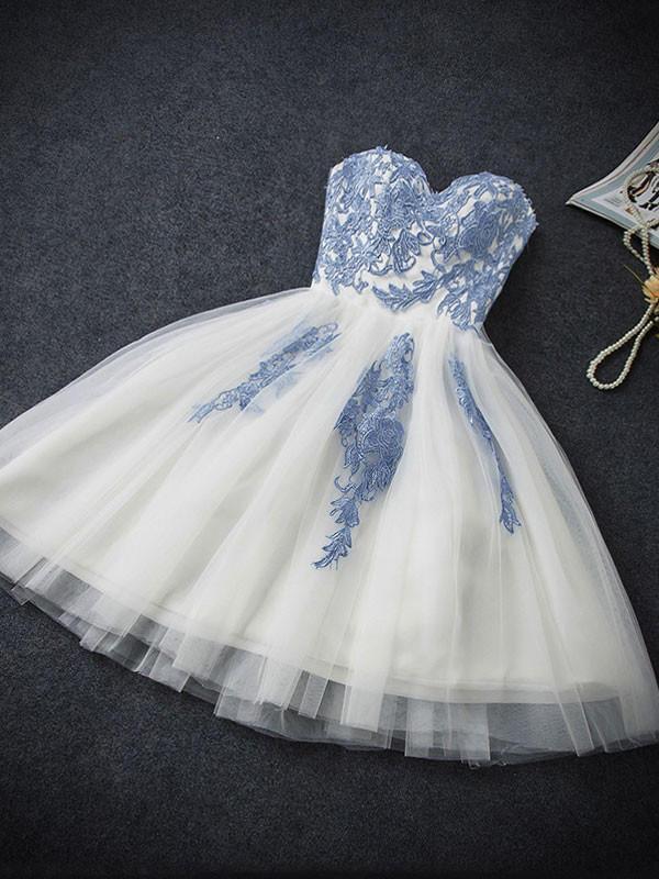 White A-line tulle blue Applique back straps short prom dresses, popular Homecoming Dress , HD0325