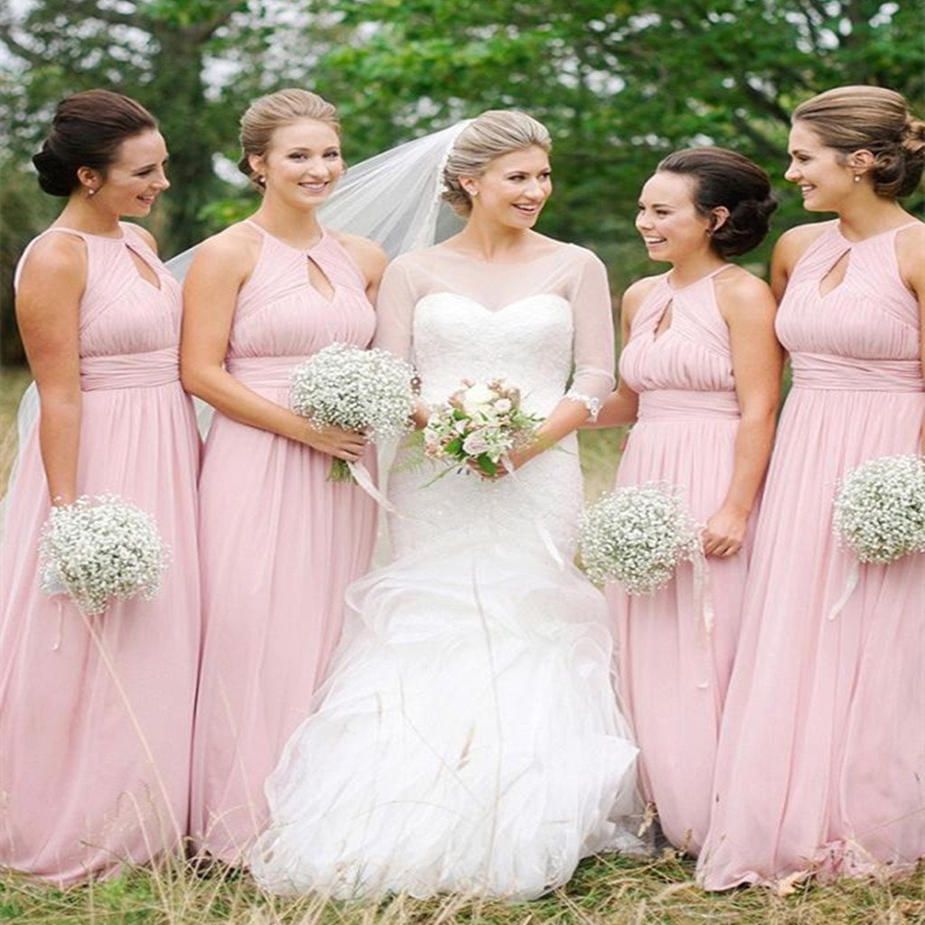 Charming A-line Floor-length simple round neck pink chiffon cheap bridesmaid dresses , BD0437
