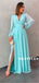 A-line V-neck Long Sleeves Long Chiffon Prom Dresses With Split, PD0624