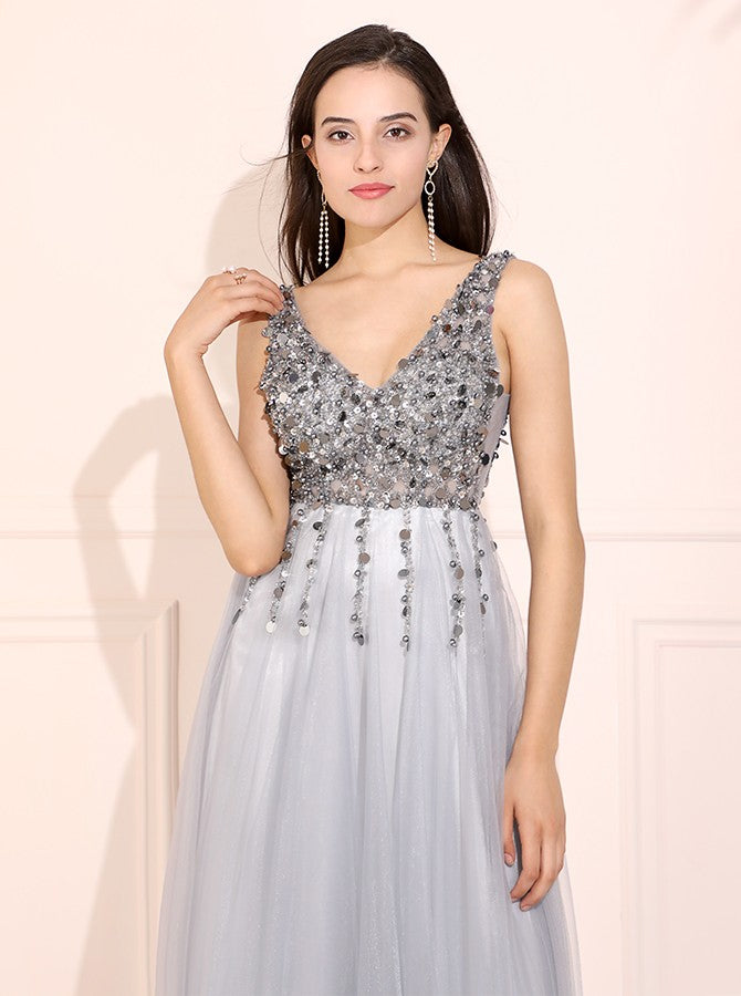 A-line V-neck Sequins Top Backless Long Tulle Prom Dresses, PD0599