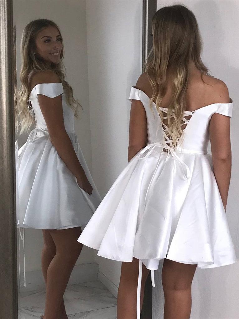 Newest Off-shoulder White Lace Up back Simple Cheap Homecoming Dresses, HD0442