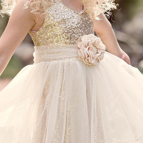 Ivory gold flower girl dress, Rustic sequin Flower girl dress, Country flower girl dresses, FG0115