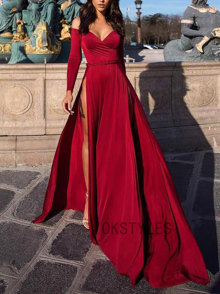 Simple A-line Long Sleeves Cheap Evening Prom Dresses, Long Prom Dresses, OL100
