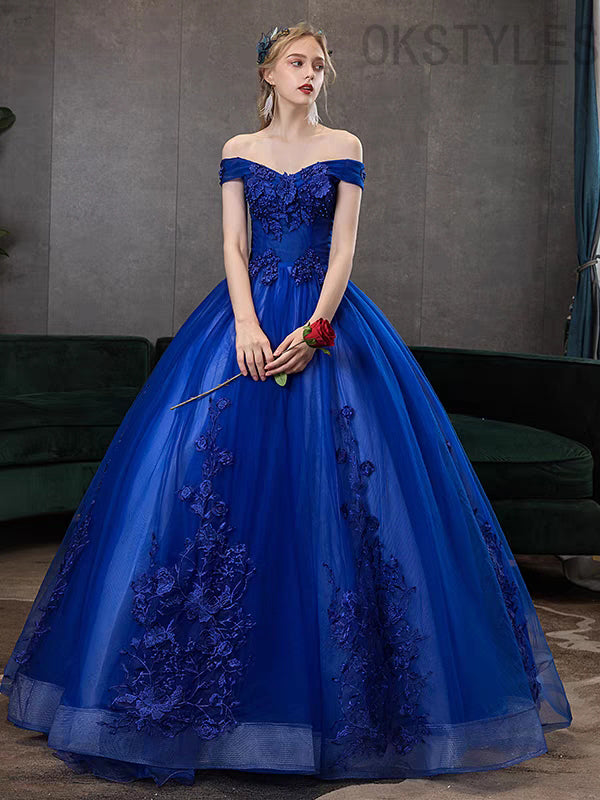 Blue A-line Off-Shoulder Appliqued Prom Dresses, OL327